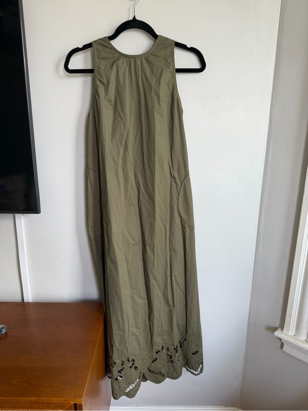 MIRTH Ica Dress Olive Green Cotton Embroidered Hem S